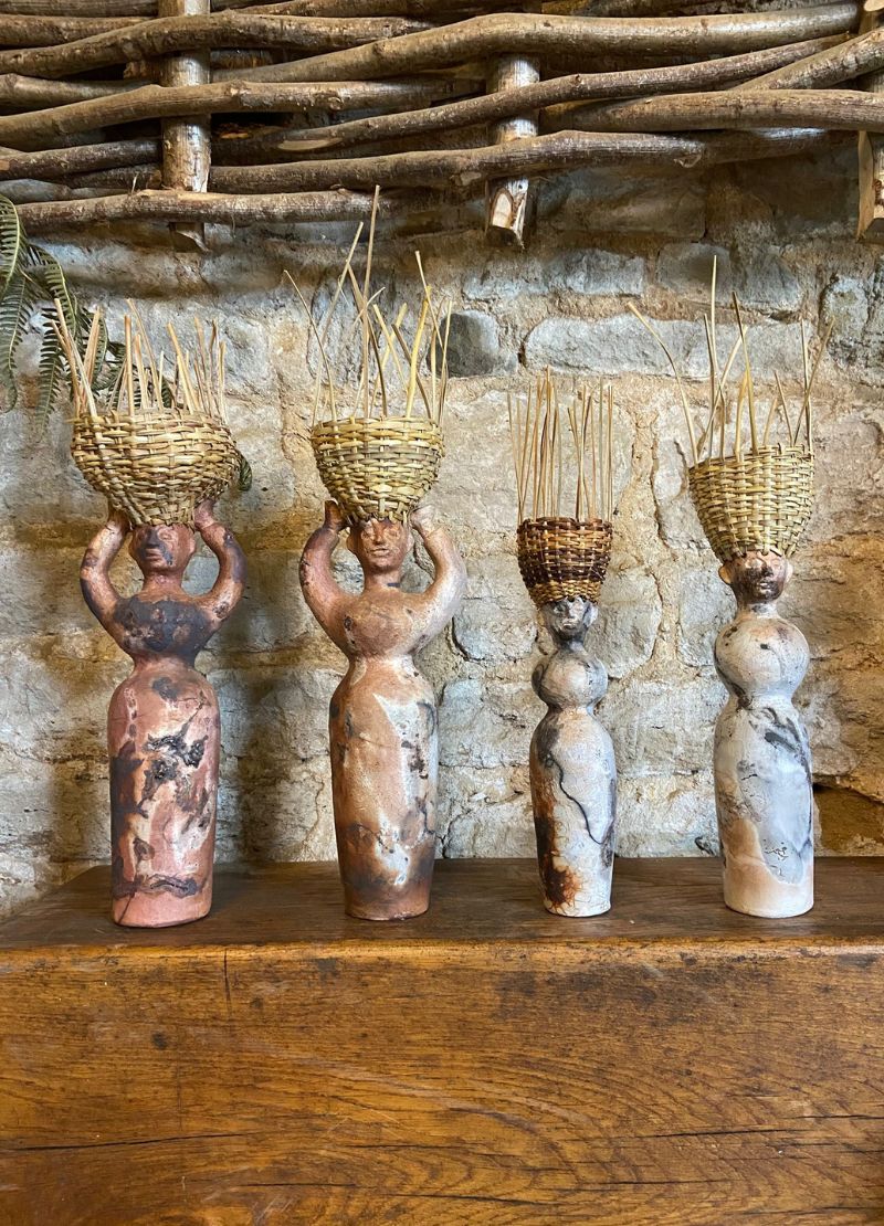 Straw Hat Saggar Fired Ceramic Figures