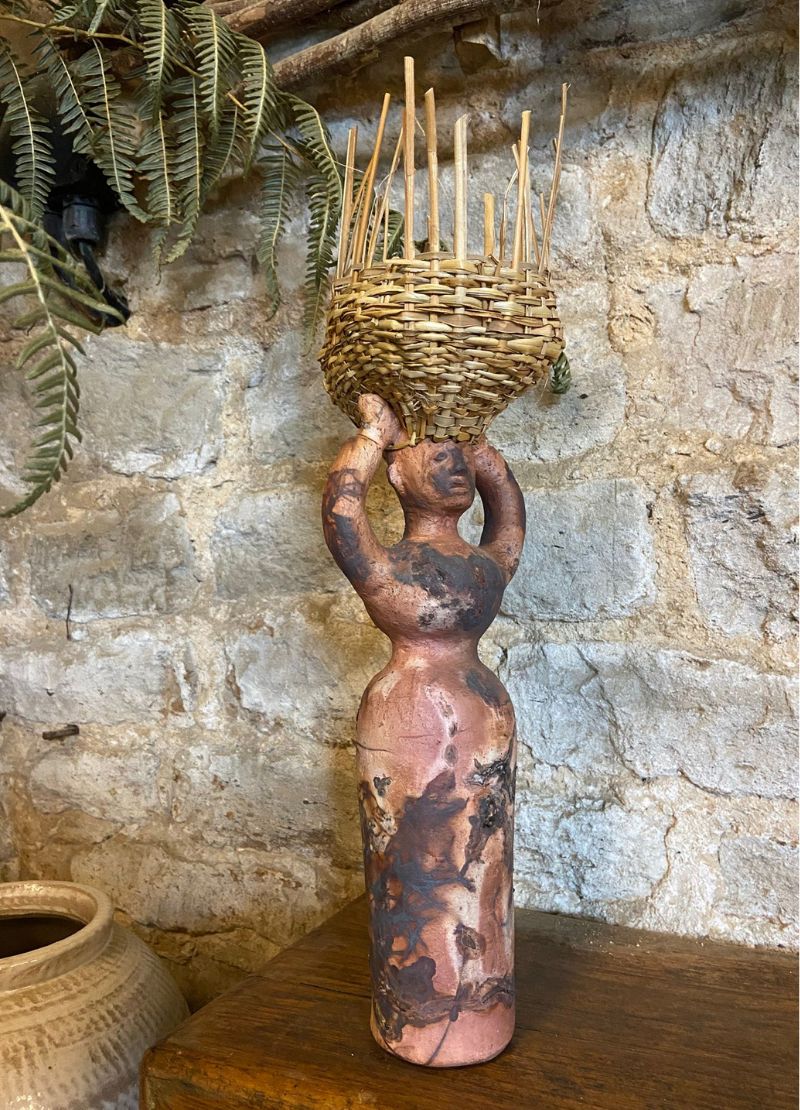 Straw Hat Saggar Fired Ceramic Figures