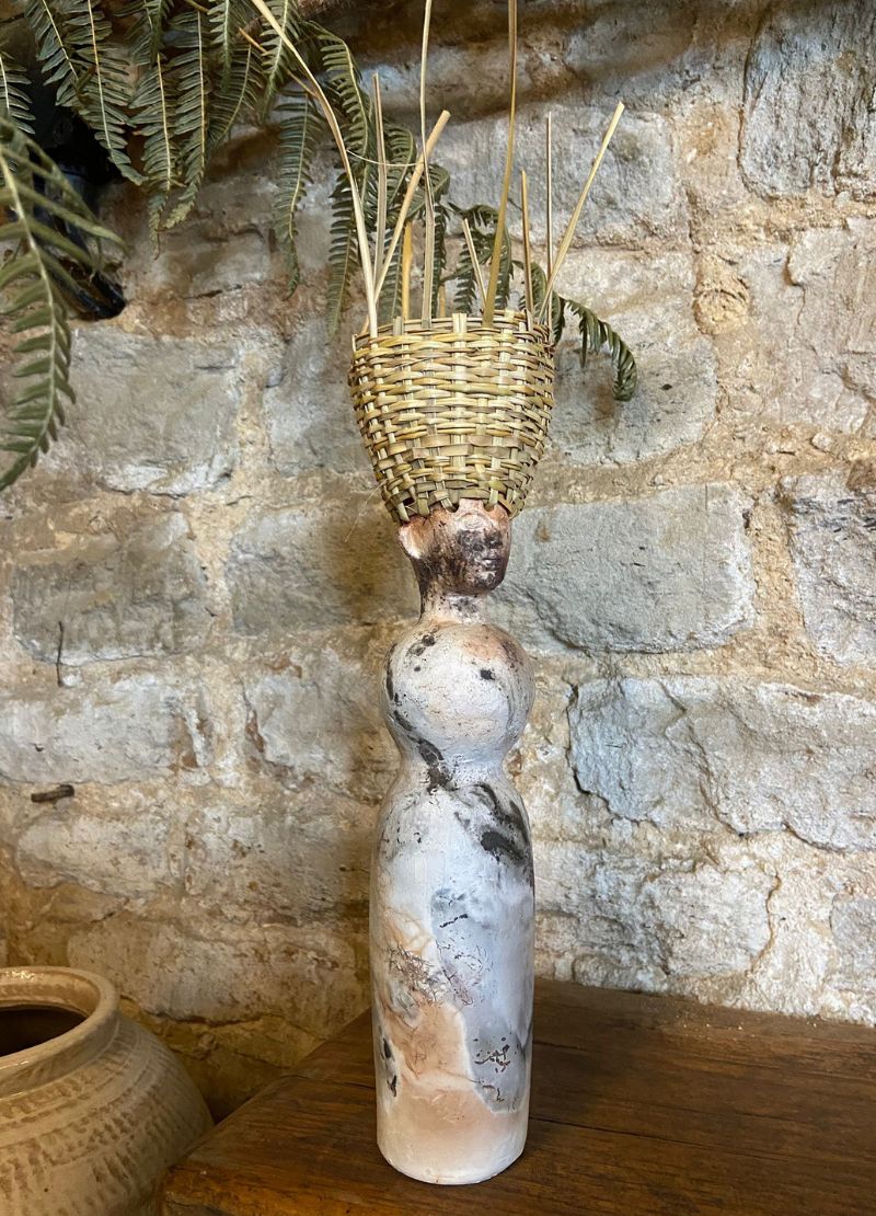 Straw Hat Saggar Fired Ceramic Figures