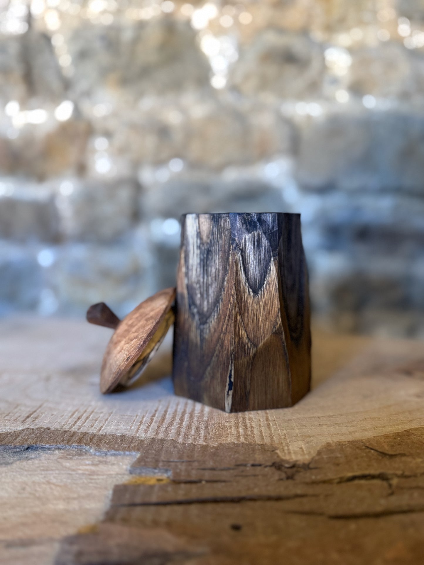 Ebonised chestnut shrink pot with lid