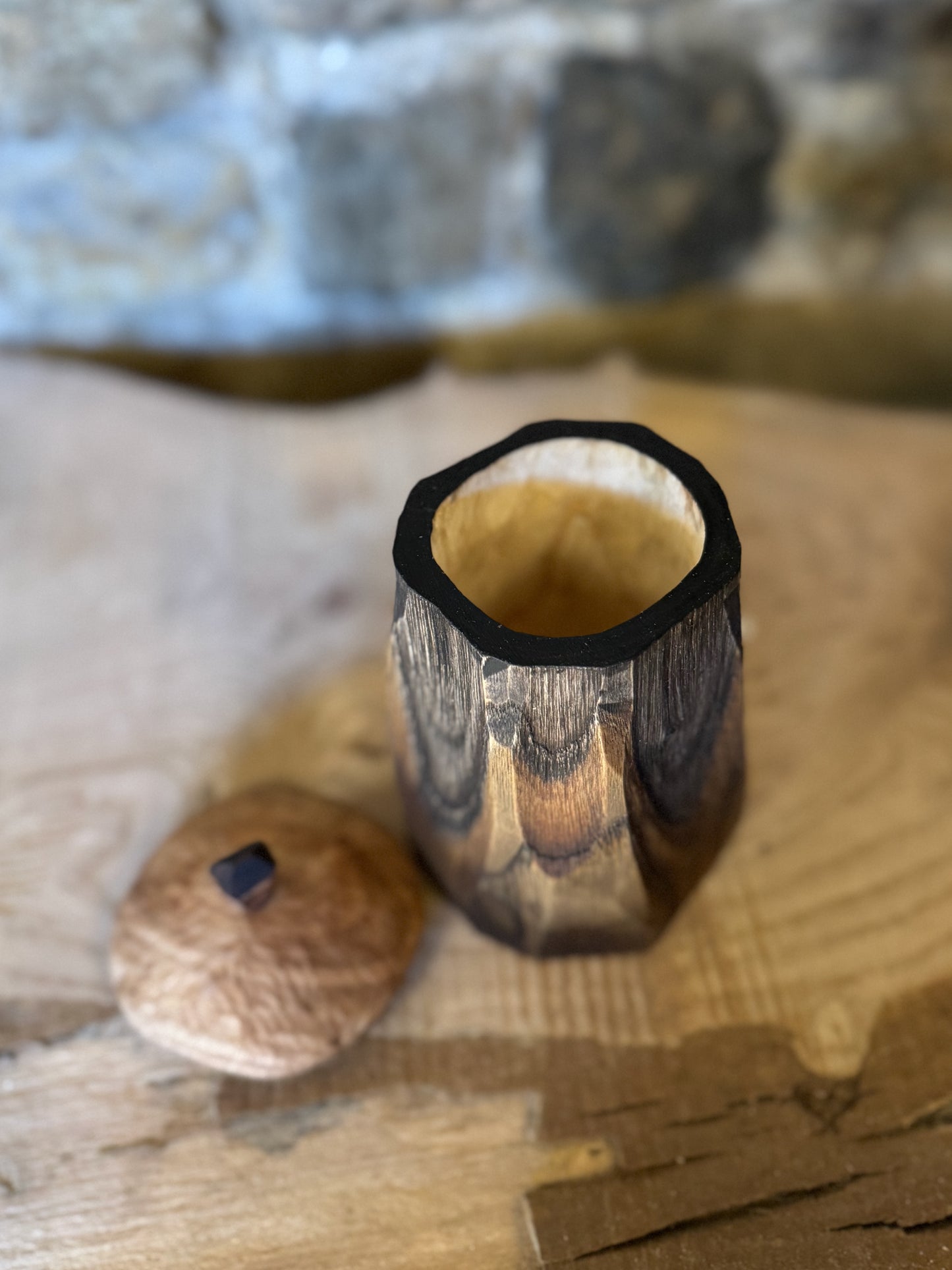 Ebonised chestnut shrink pot with lid