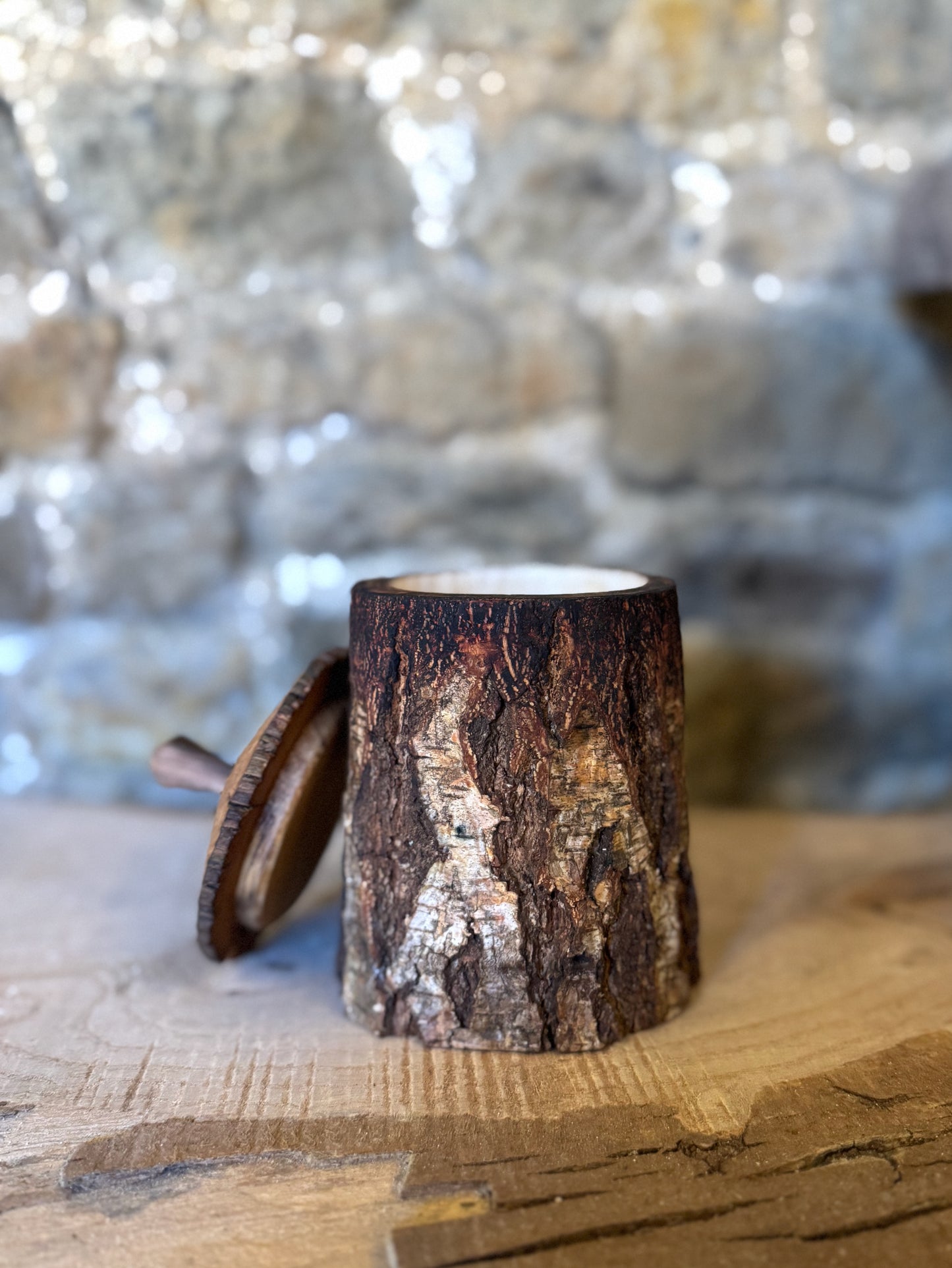 Silver birch shrink pot with lid