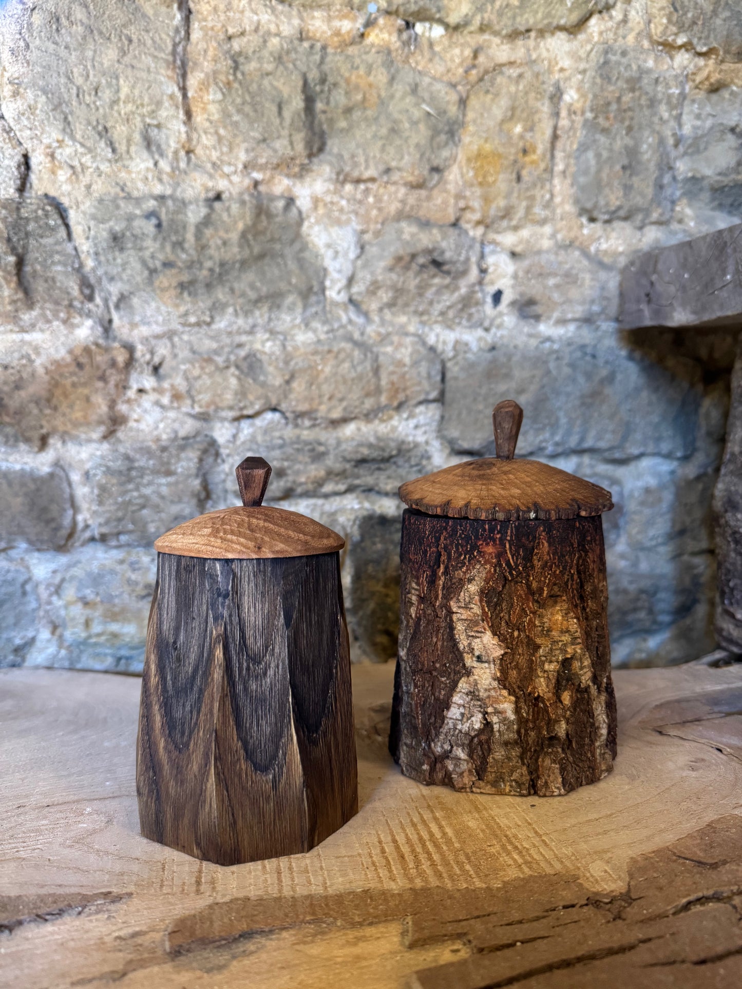 Ebonised chestnut shrink pot with lid