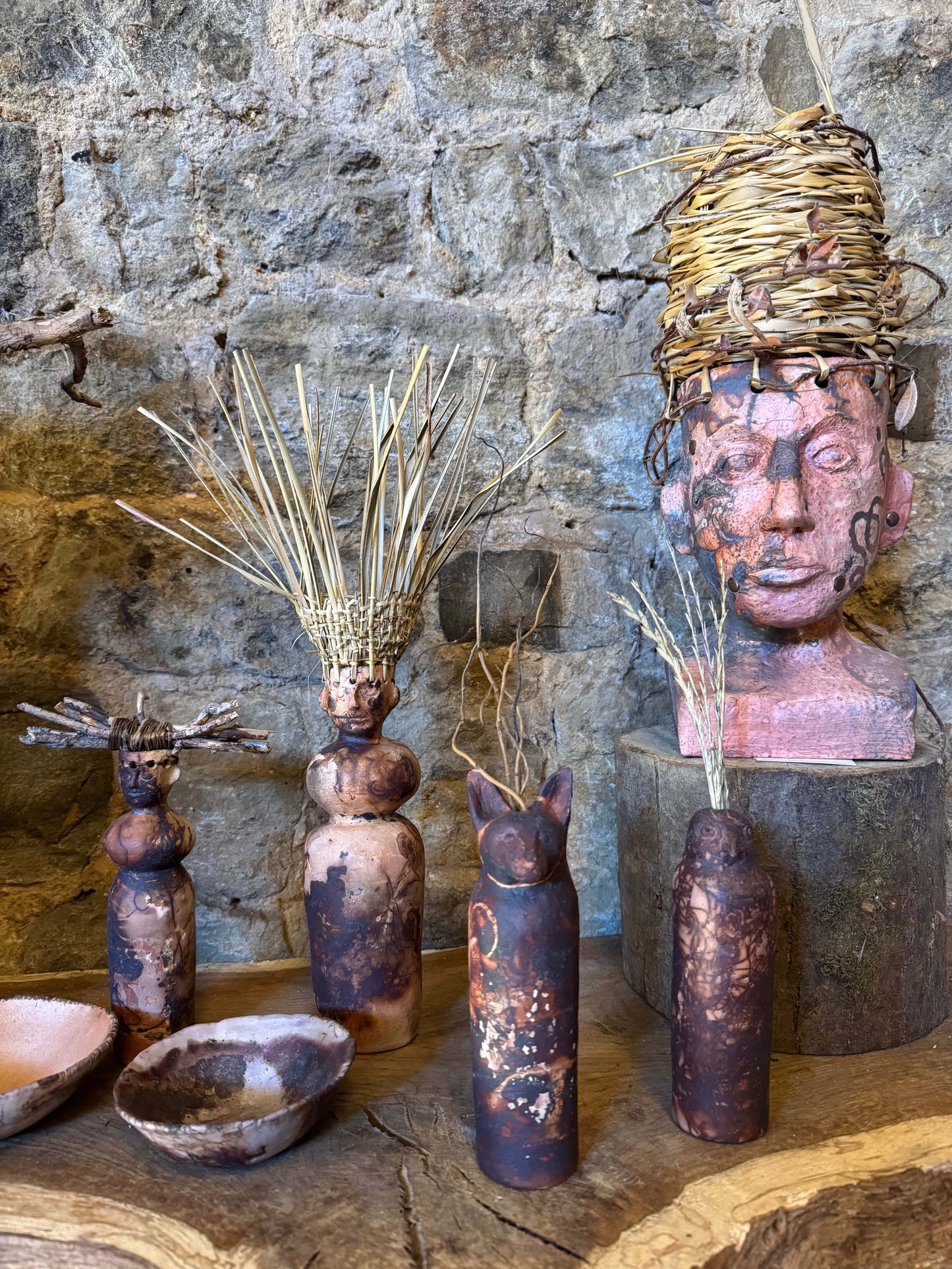 Straw Hat Saggar Fired Ceramic Figure