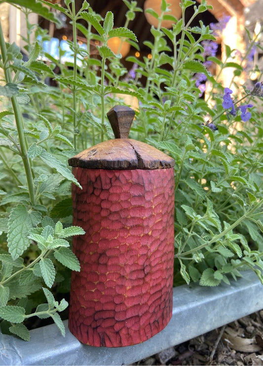 Red textured shrink pot with lid