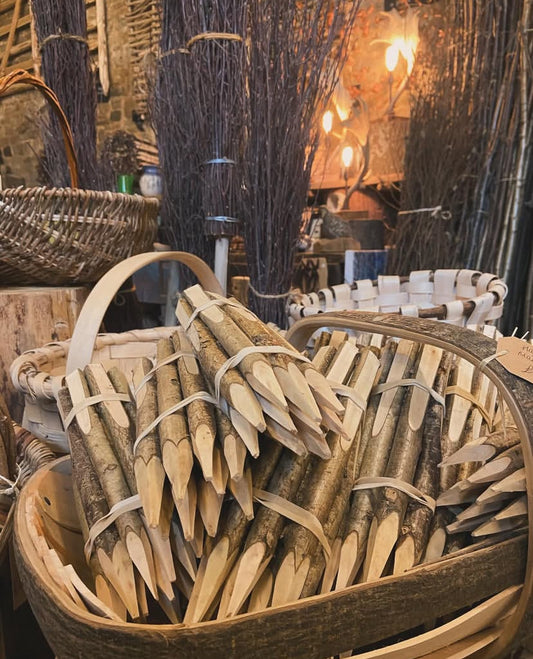 Bundles of hazel coppiced plant markers in wooden trug
