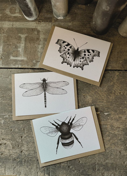 Butterfly Dragonfly Bumble Bee Greeting Cards Set of 3