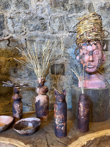 Straw Hat Saggar Fired Ceramic Figure
