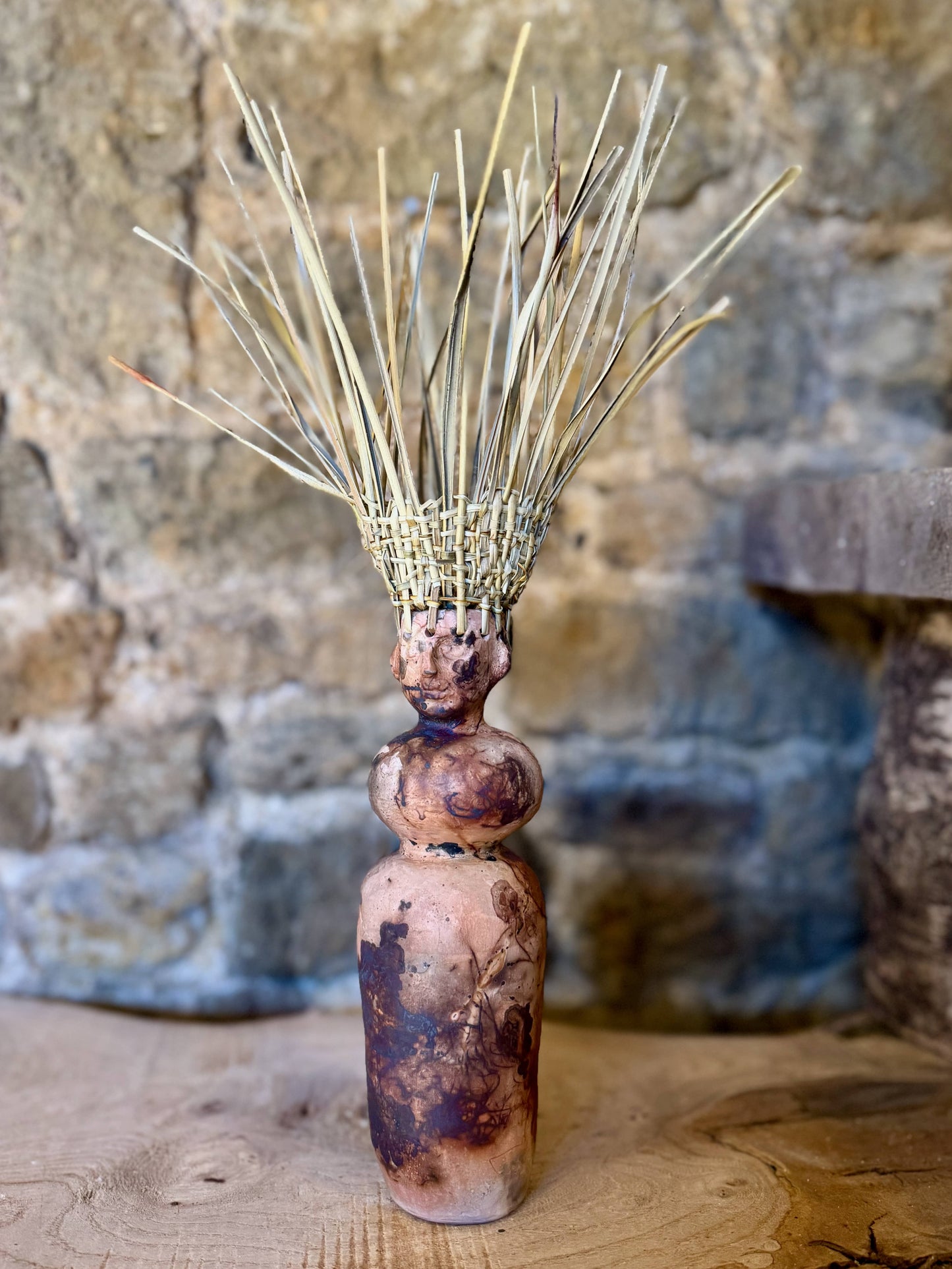 Straw Hat Saggar Fired Ceramic Figure